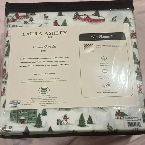 Laura Ashley Flannel Sheet Set Holiday Christmas Village Cottage Queen Size - Picture 4 of 9